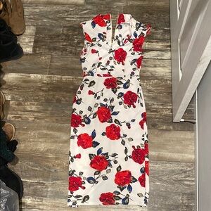 Floral Sleeveless Dress - Red and White